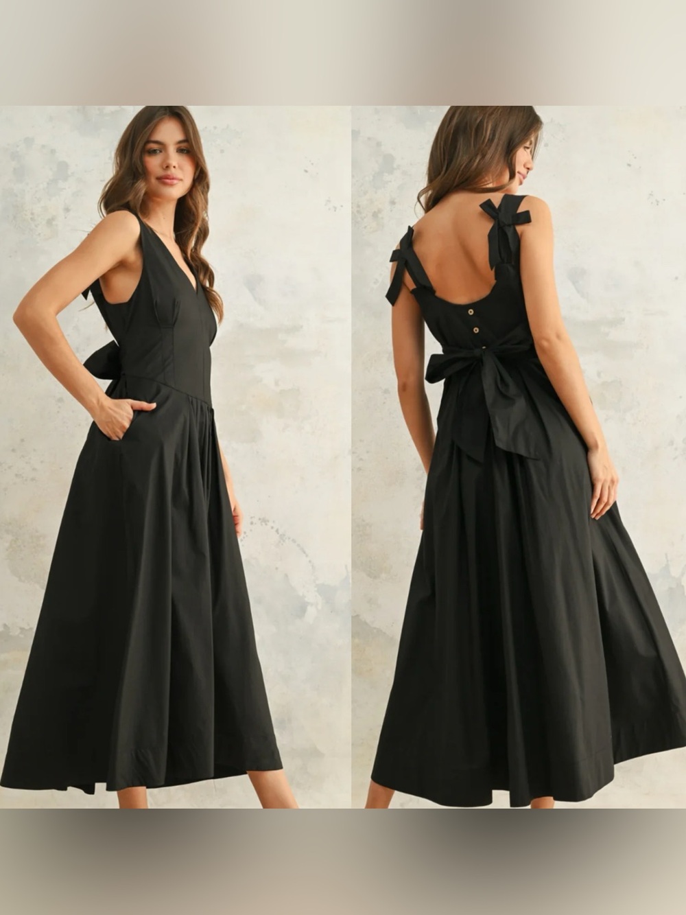 Miou Muse Black V-Neck Midi/Maxi Dress with Tie Straps (NOAH BOW)